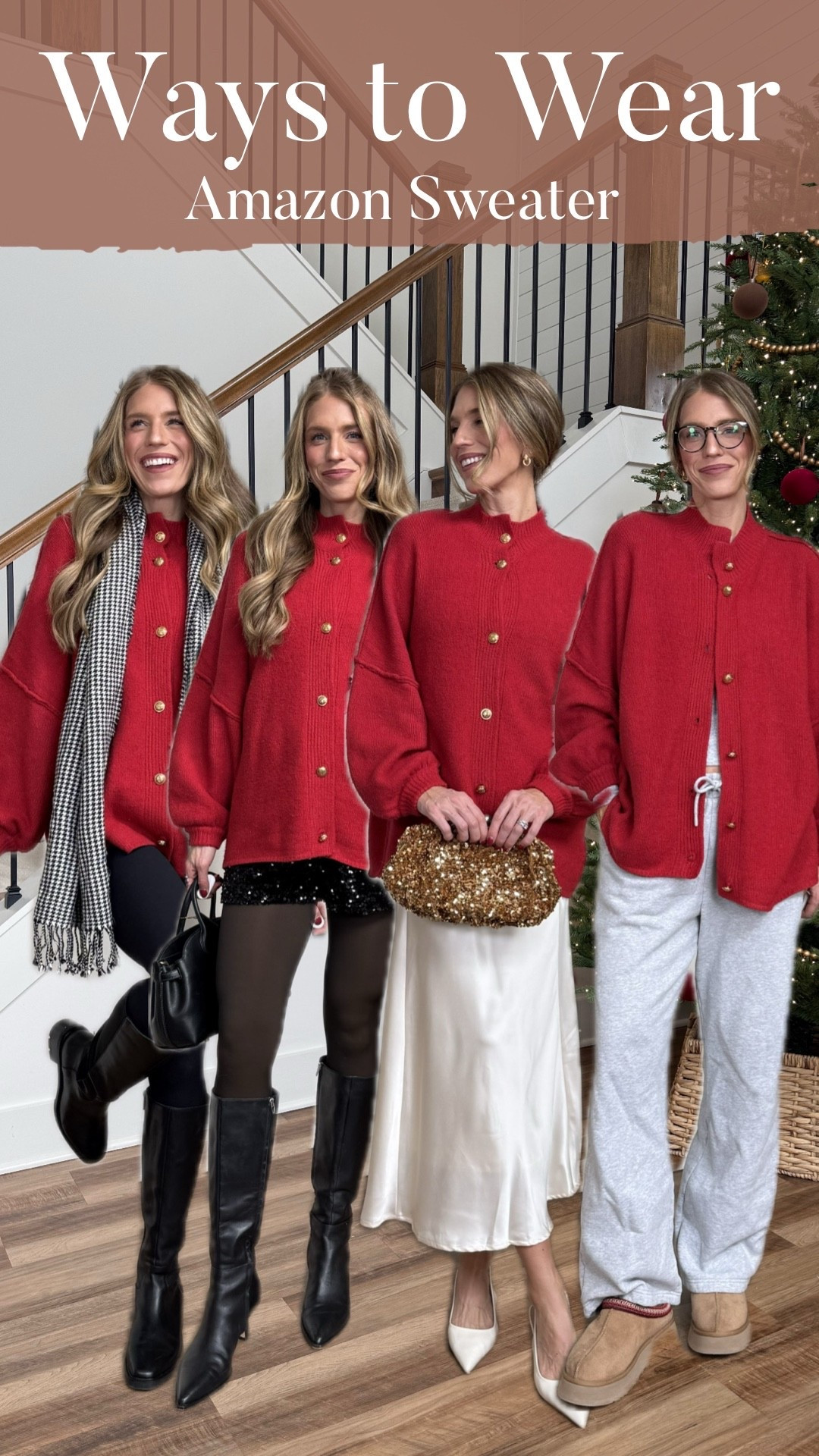 Ways to wear a red button up Amazon cardigan sweater. I got a size medium for length (I’m 5’11”) 
Small tall in leggings 
The “hose” I’m wearing in the second outfit are actually fleece lined leggings and give the effect of tights. Not see through! Tall sizes! 
Medium in satin skirt to bump. Stretchy waist and run tts 
Medium tall in lounge pants for bump
Medium in sequin shorts for bump




Red sweater, Christmas sweater, tall girl friendly, bump friendly, holiday outfits, New York outfits, Amazon finds, Amazon fashion 

#LTKHoliday #LTKFindsUnder50 #LTKTall