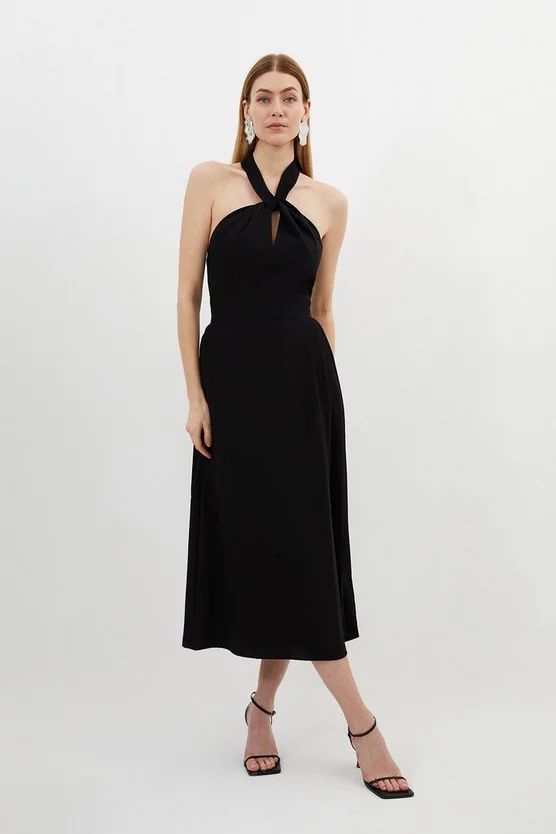 Soft Tailored Halter Tie Neck Pleat Detail Midi Dress | Karen Millen US