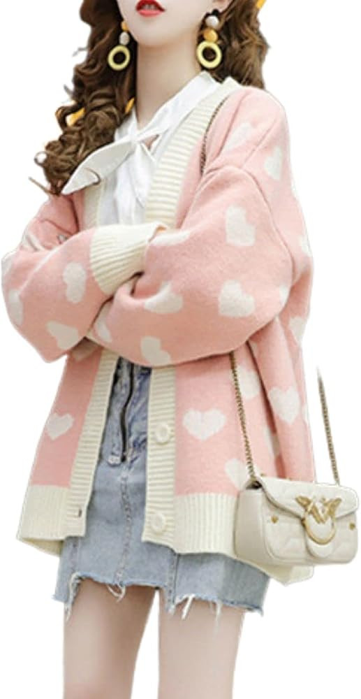 FindThy Women’s Heart Print Cardigan Sweater Button Down Color Block Knitted Fall Sweaters Tops | Amazon (US)
