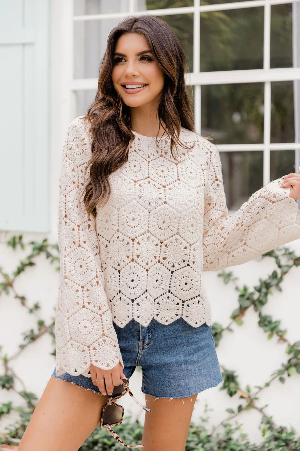 Taking The Leap Beige Crochet Crew Neck Sweater | Pink Lily