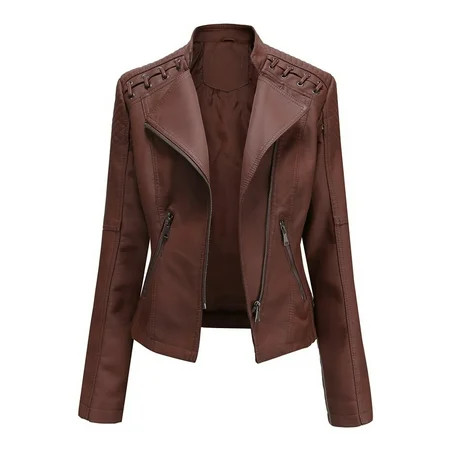YWDJ Brown Leather Jacket Women Ladies Lapel Motor Jacket Coat Zip Biker Short Punk Cropped Tops Cof | Walmart (US)