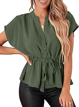 Womens Button Down Chiffon Blouses Casual Peplum Summer Tops Dressy Henley Shirts | Amazon (US)