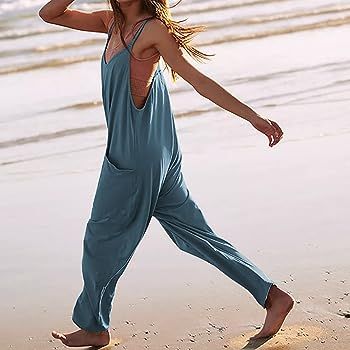 Hixiaohe Women's Casual V Neck Sleeveless Jumpsuits Baggy Straps Harem Long Pants Overalls With P... | Amazon (US)
