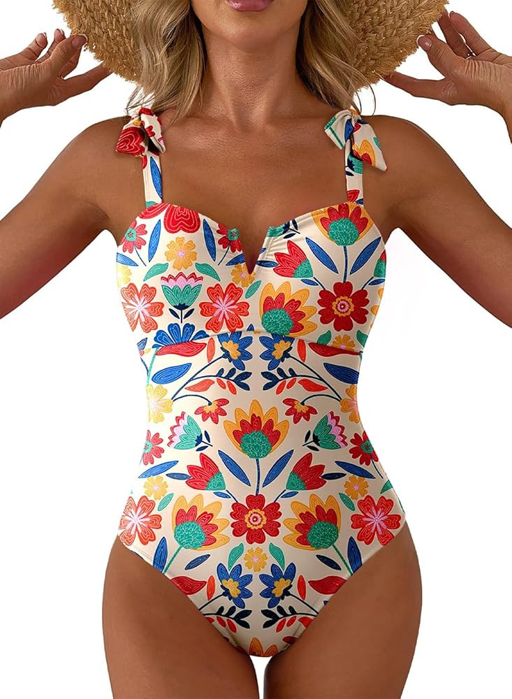Aleumdr Women's One Piece Swimsuits Tummy Control Bathing Suits V Neck Boho Tie Shoulder Ruched F... | Amazon (US)