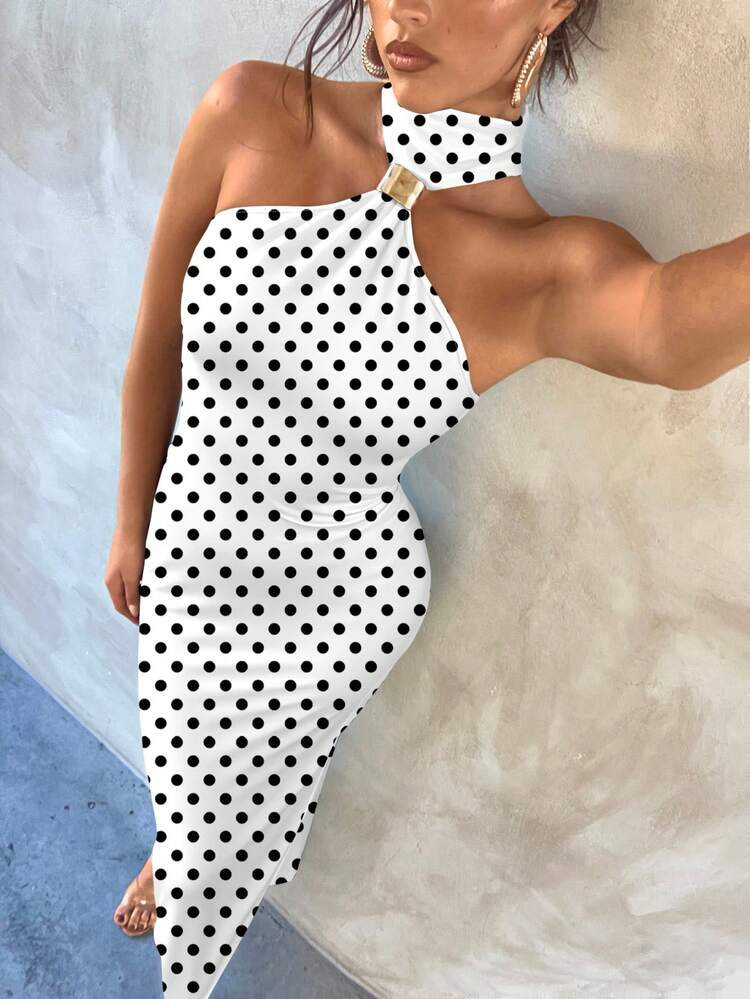 Aloruh Women's Elegant Sexy Metal Buckle Vintage Polka Dot Print Decor Hollow Out Bodycon Black K... | SHEIN