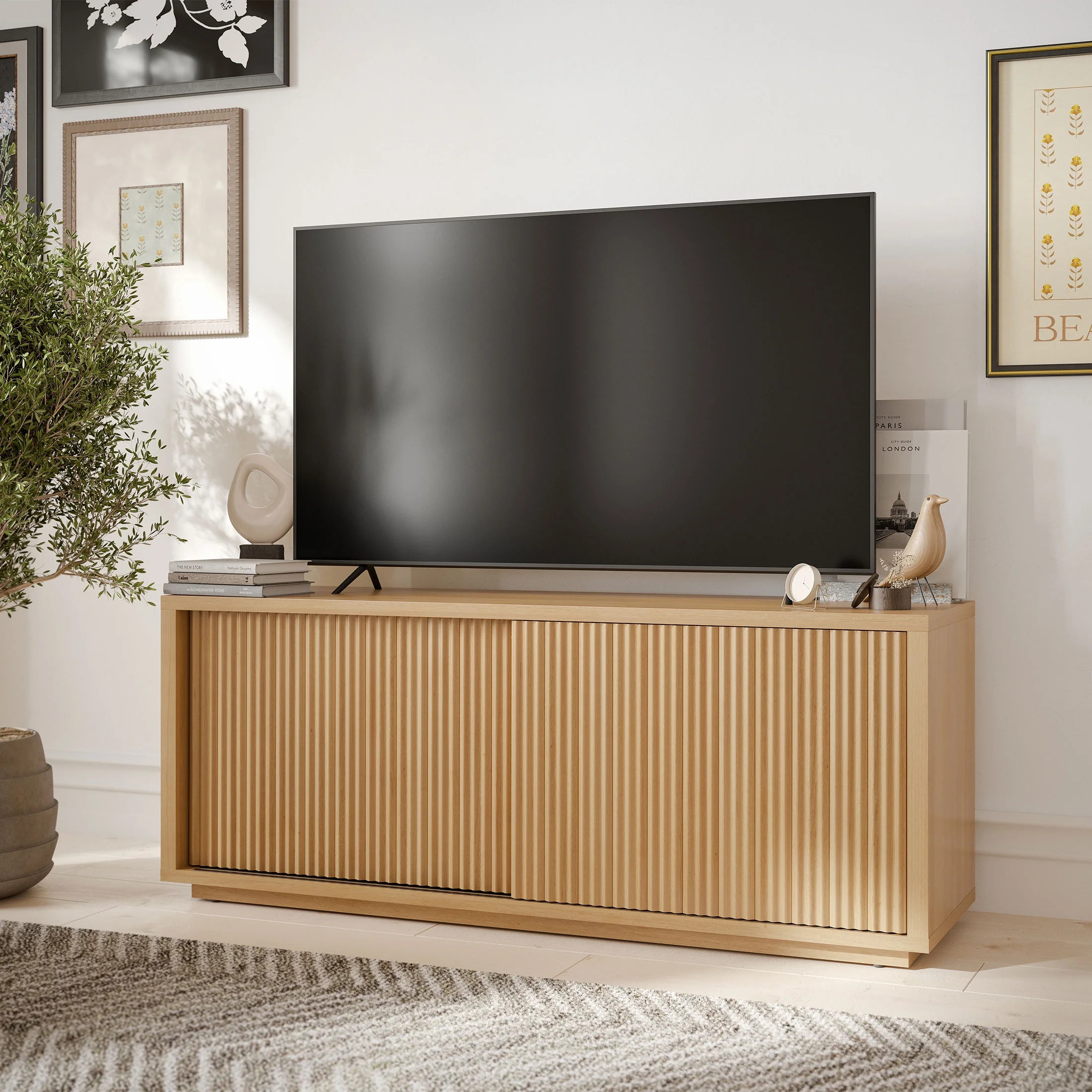 Beautiful Fluted TV Stand for TV\u2019s up to 70\u201d by Drew Barrymore, Warm Honey Finish | Walmart (US)