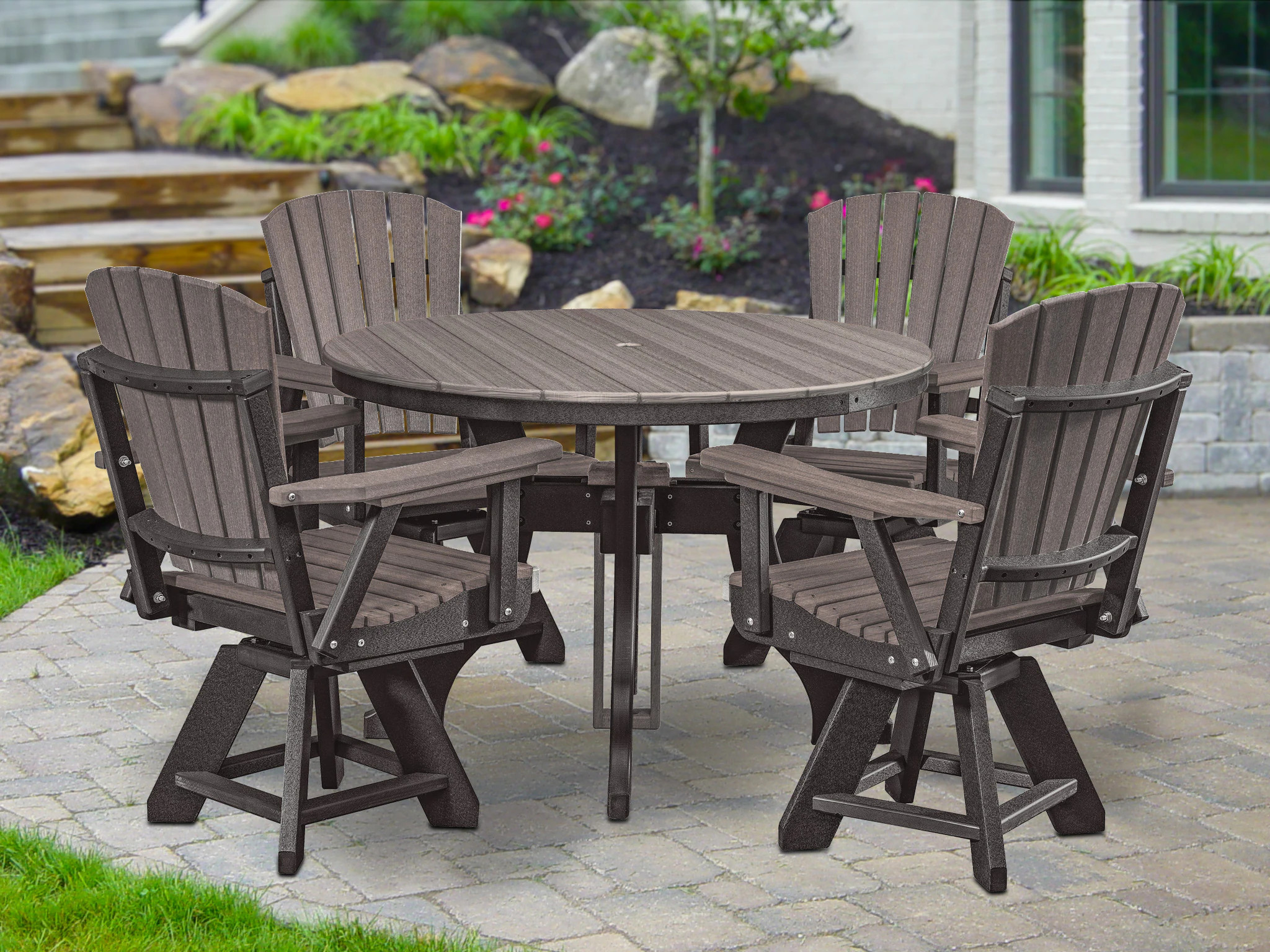 American Furniture Classics Adirondack 5 -Piece Black Patio Dining Set HDPE Round Table with 4 Swivel Chairs one_size | DR130CGBK-K | Lowe's
