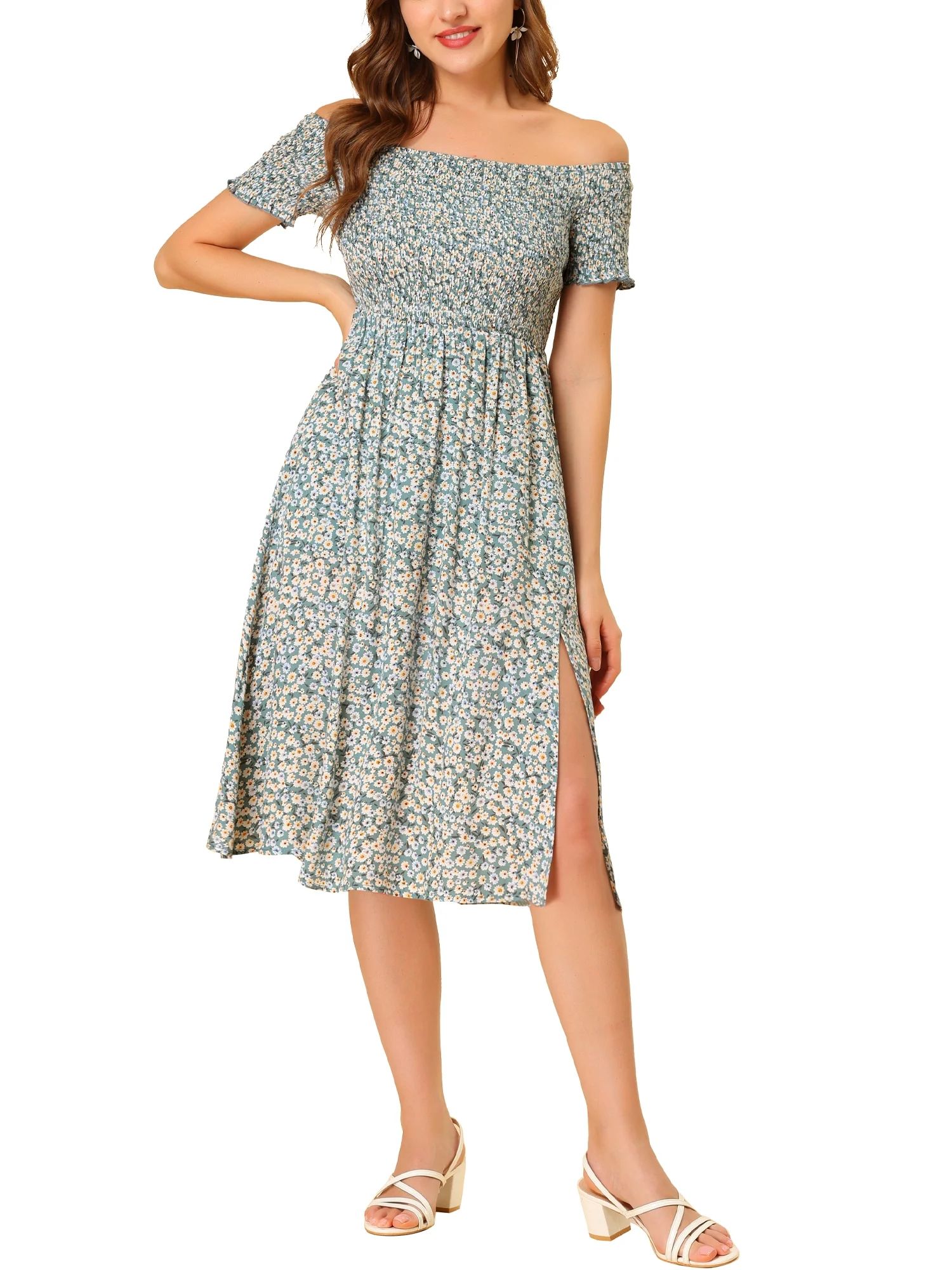 Allegra K Women's Boho Floral Print Off Shoulder High Split Long a Line Dress | Walmart (US)