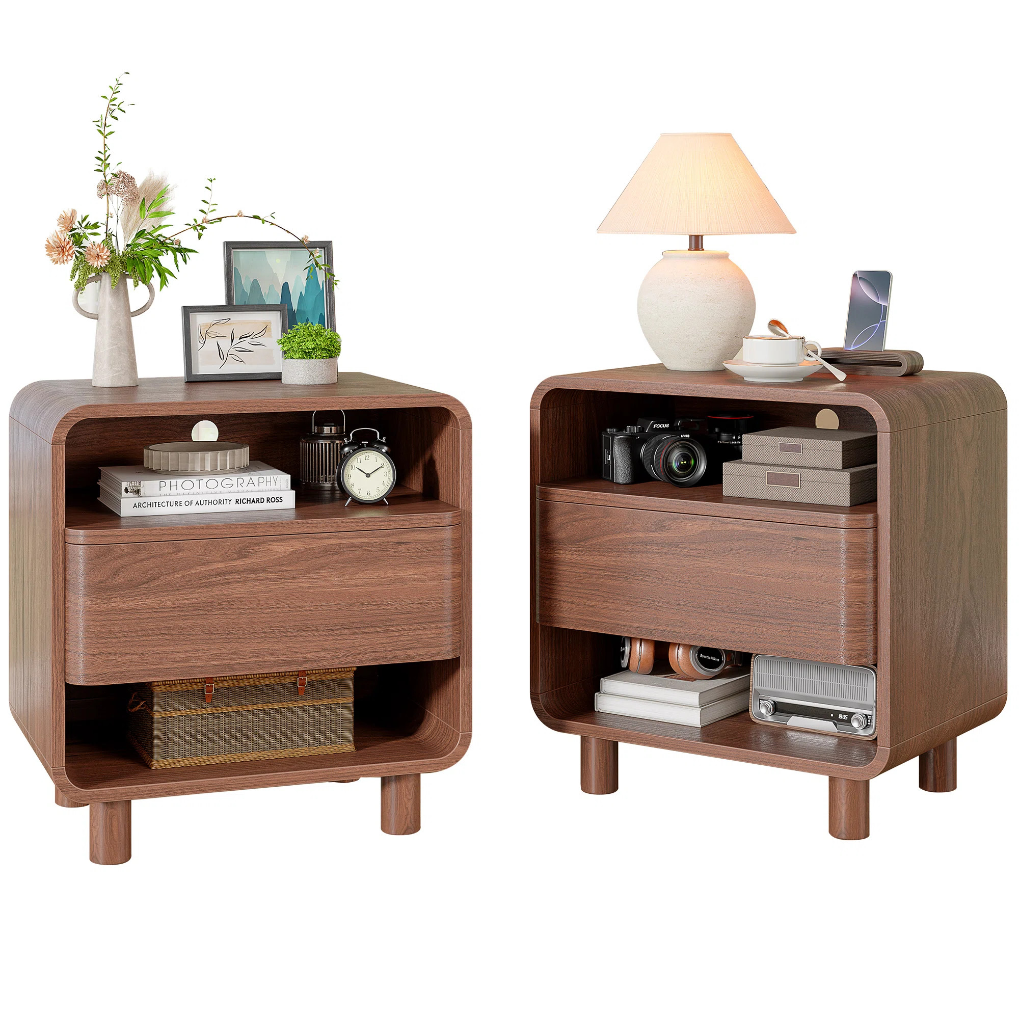 Modern Nightstand W/open Shelf Storage, Mid Century Night Stand With Drawer,curved Profile, Wood Bedside End Table For Bedroom, Walnut | Wayfair North America