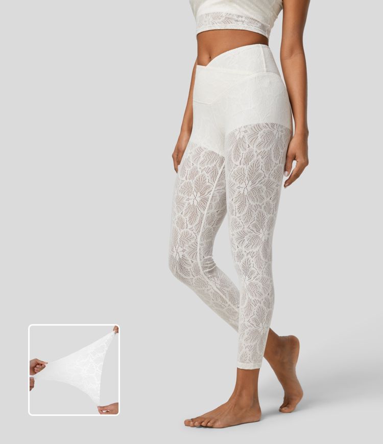 High Waisted Crossover 2-in-1 7/8 Lace Casual Leggings | HALARA