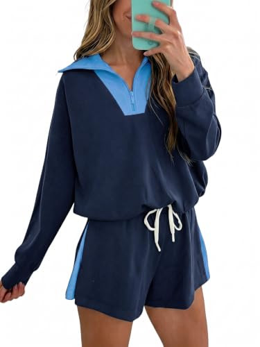 Fisoew Womens 2 Piece Outfits Quarter Zip Sweatshirt Shorts Sets Sweatsuits | Amazon (US)