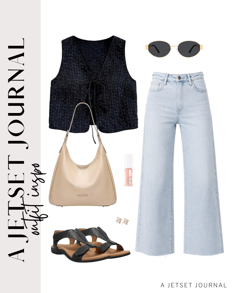 You can pair a black SHENHE tie-front textured top with frayed-hem jeans from Allimy. It goes perfectly with Taos’ sandals and a Montana West bag. Complete the outfit with these stud earrings and Neutrogena Hydro Boost Lip Oil.

#LTKSeasonal #LTKSaleAlert #LTKTravel
 

 