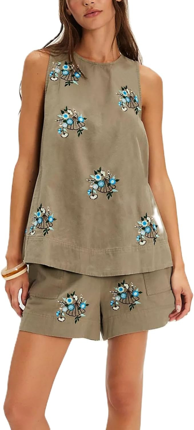 Women Y2k Pajama Set Sleeveless Floral Embroidery Babydoll Top with Elastic Waist Shorts 2 Pcs Lo... | Amazon (US)