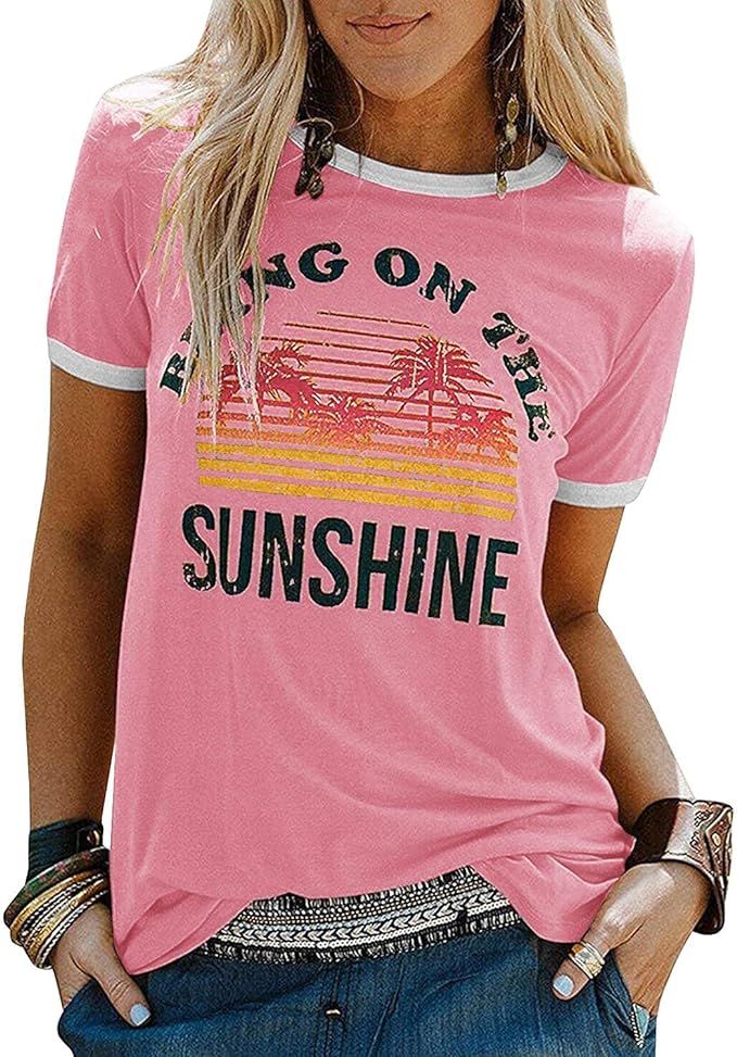 IRISGOD Womens Bring on The Sunshine Cute Graphic Tees Summer Casual Vacation T Shirt Tops | Amazon (US)