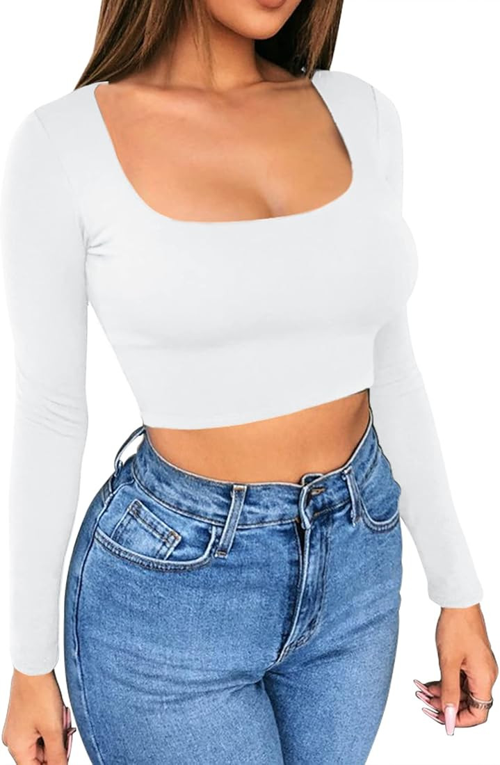 Artfish Women's Sexy Cropped Shirts Long Sleeve Square Neck Slim Fitted Casual Basic Crop Top | Amazon (US)