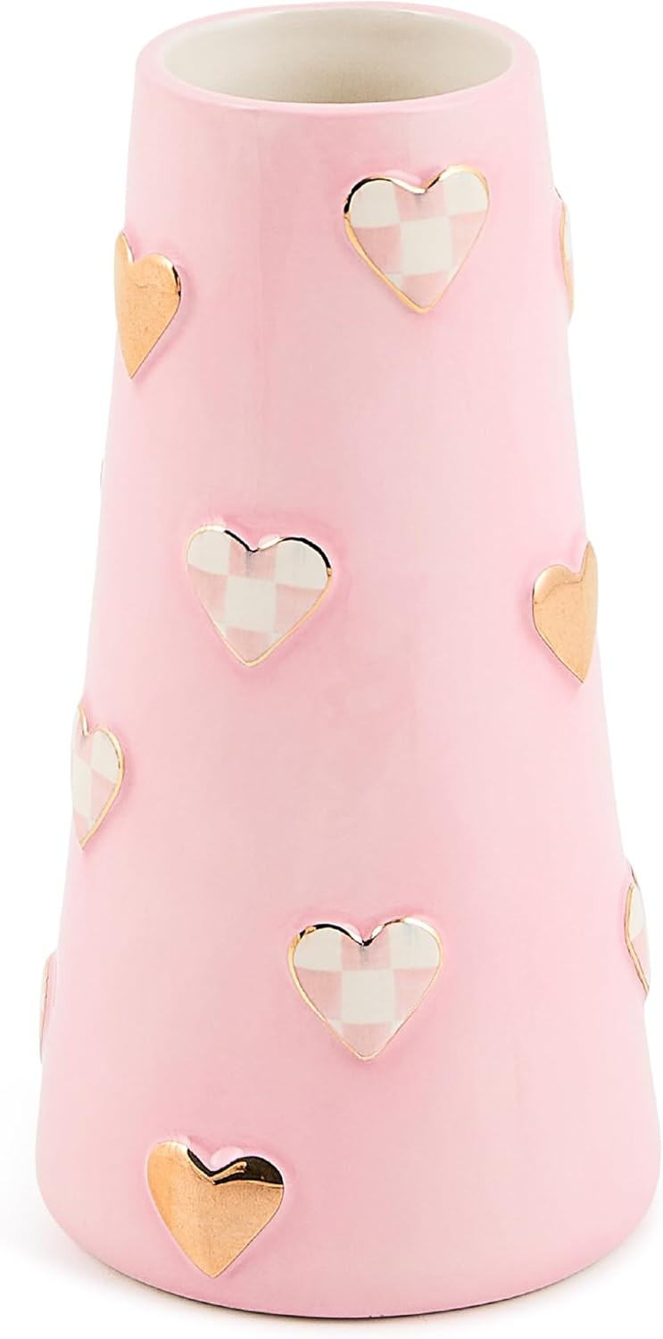 MACKENZIE-CHILDS Ceramic Heart Vase, Unique Flower-Vase Decor, Short, Pink-and-White Rosy Check | Amazon (US)