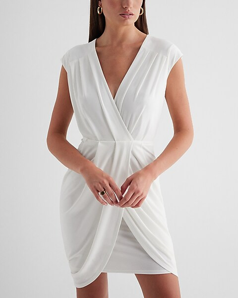 V-neck Faux Wrap Pleated Mini Sheath Dress | Express