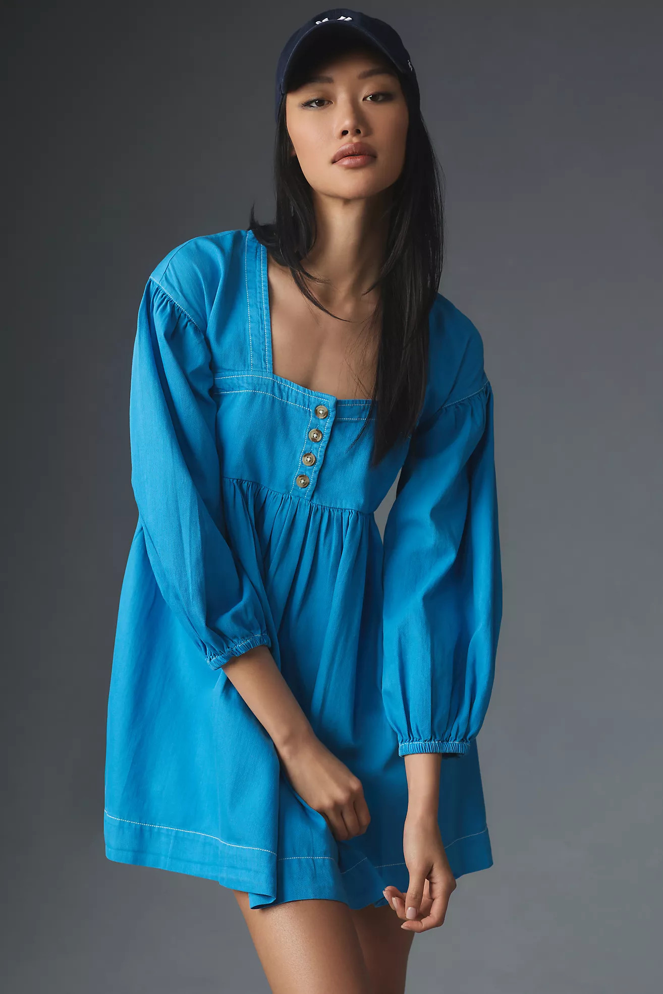 By Anthropologie Long-Sleeve Square-Neck Denim Babydoll Mini Dress | Anthropologie (US)