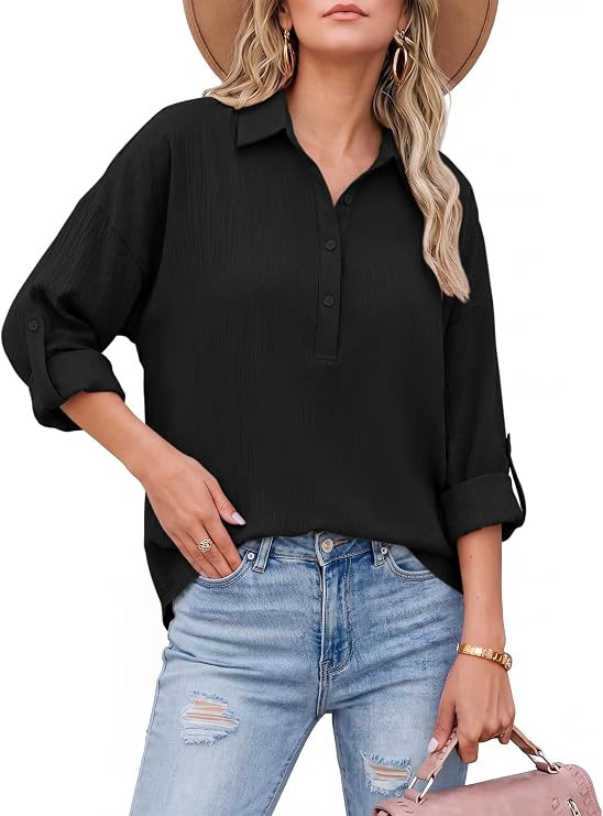 Casual Long Sleeve Shirts for Women Fall 2026 Solid Color V Neck Button Down Tops Business Blouse... | Amazon (US)