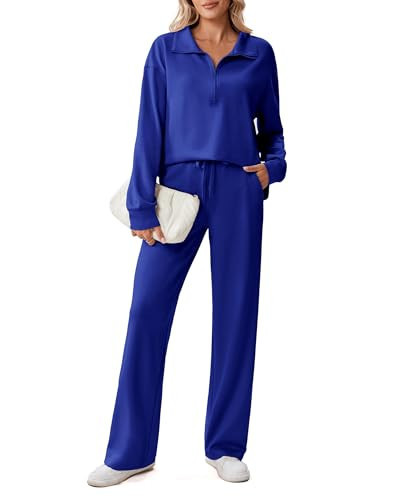 PINSPARK Sweat Suits for Womens 2 Piece Half Zipper Matching Set Strecthy Sweatshirt Hip-Line Sweatpants Leisure Two Piece Sets High Waisted Tracksuits Fall Airport Outfits 2025, Royal Blue Petite L | Amazon (US)