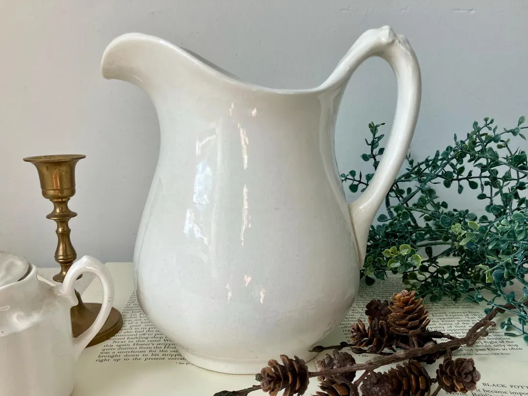 White Ironstone Pitcher 8” Farmhouse Clean Lines Simple 56 oz. Warranted Mark Vintage Kitchen D... | Etsy (US)