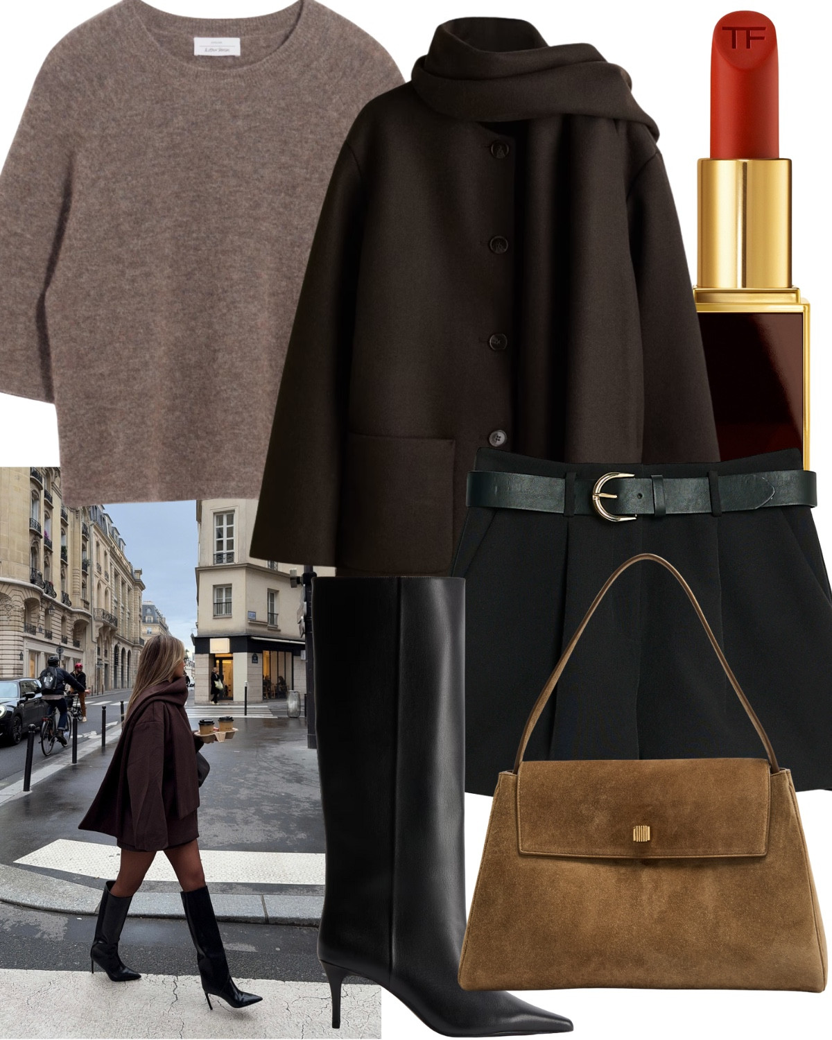A tailored and feminine outfit  

Including broke scarf coat, brown short sleeve knit top, tailored shorts, sided handbag, knee high boots, dark red lipstick. 

#LTKshoes #LTKbag #LTKautumn