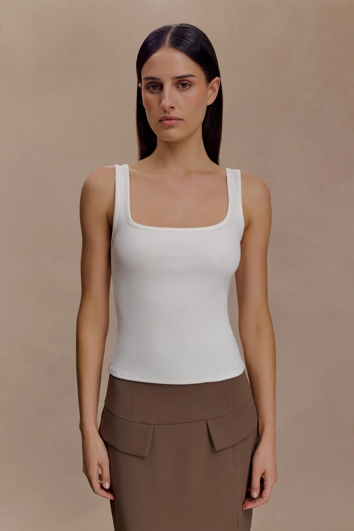 Ribbed Square Neck Sleeveless Top - Ivory | MESHKI US