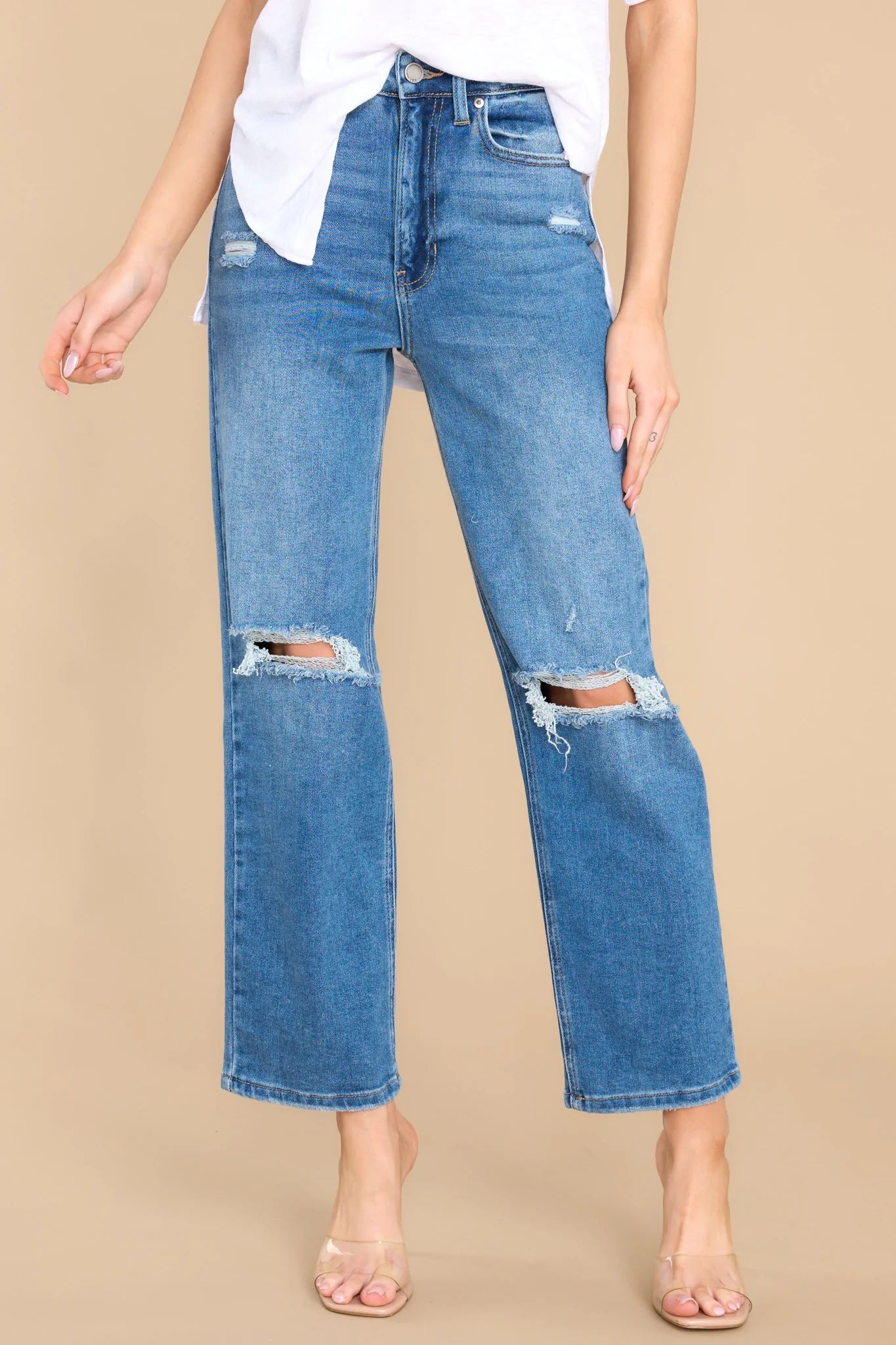 Don't Pass These By Medium Wash Distressed Straight Jeans | Red Dress 