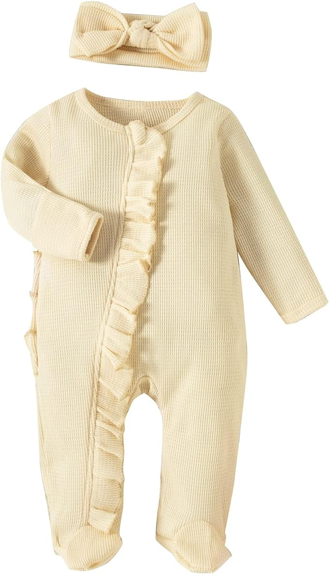 Ayalinggo Newborn Baby Romper Infant Girl One-piece Outfit Waffle Ruffle Zip Footie Spring Summer... | Amazon (US)