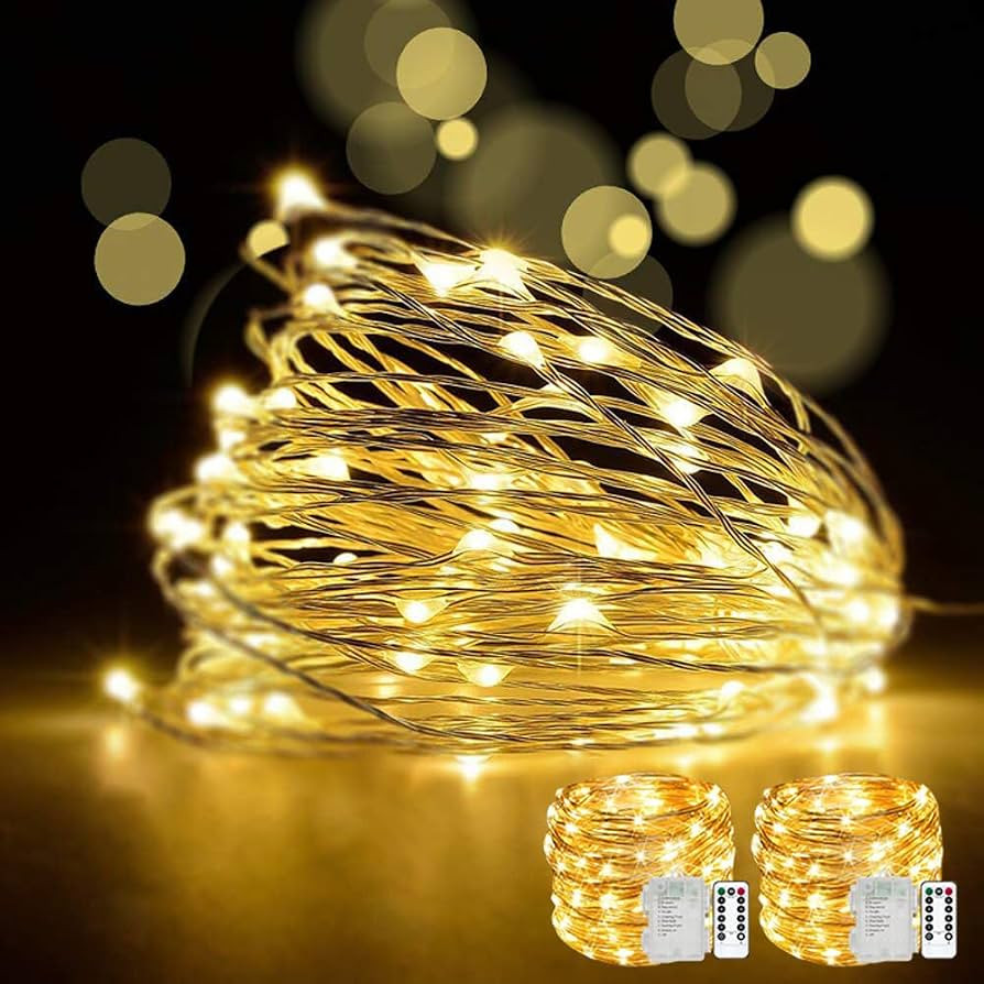 LED Fairy String Lights with Remote Control - 2 Set 100 LED 33ft/10m Micro Silver Wire Indoor Bat... | Amazon (US)