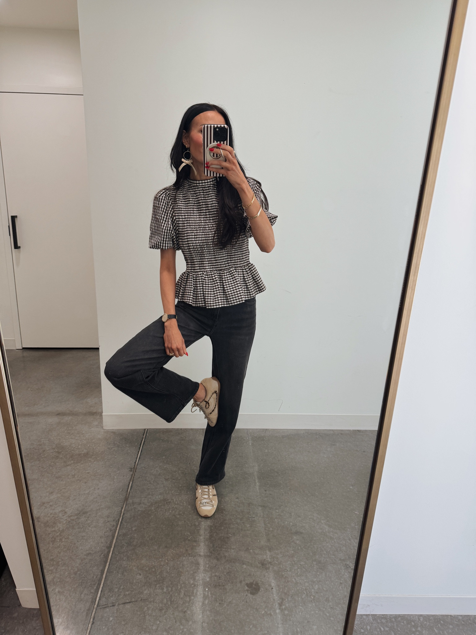 $50 jeans fit tts. My top is also super affordable and I grabbed her and the shoes while in Paris. The bow earrings are under $40 and super lightweight 