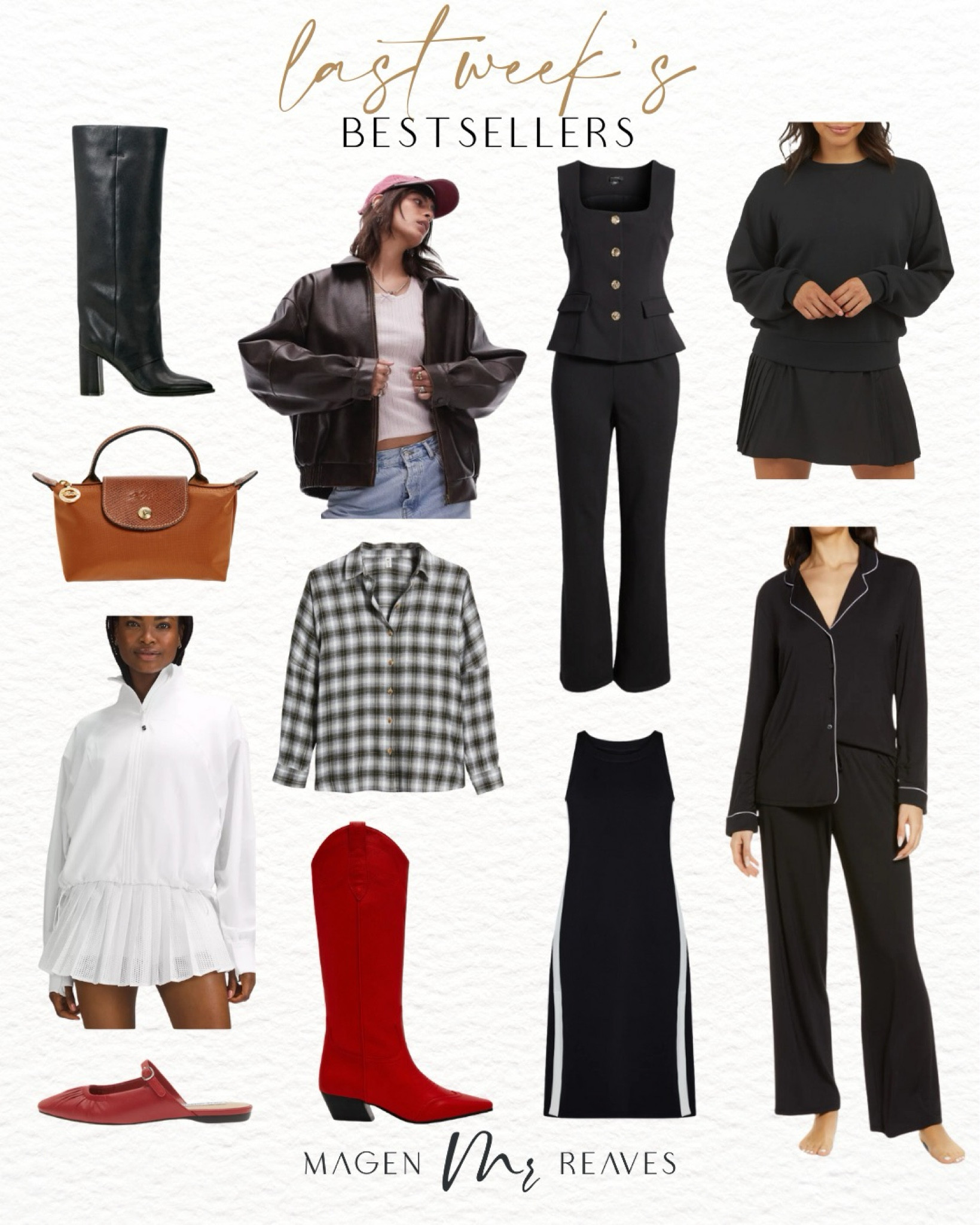 Last week best sellers – activewear – Lululemon – boots – mules – activewear jackets – leather jacket – tennis dress
