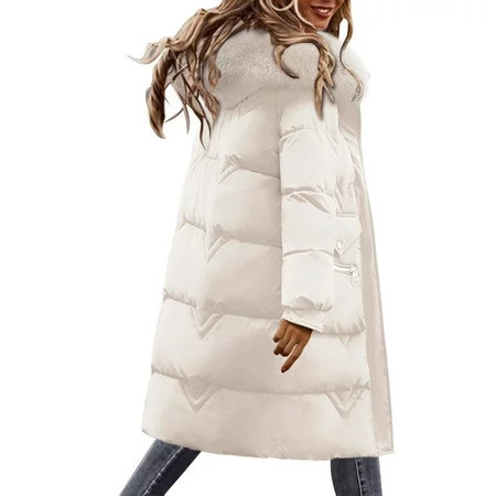 kpoplk Women s Winter Puffer Jacket Windproof Coat Long Cotton Coat Women Wool Collar Hooded Cotton Jacket Warm Cotton (White M) | Walmart (US)