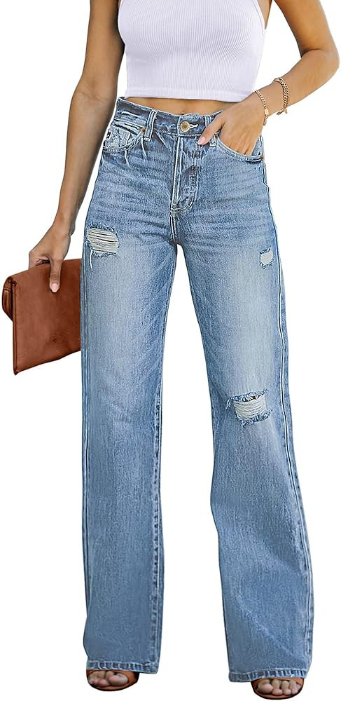 Utyful Women's High Waist Relaxed Fit Ripped Jeans Stretchy Flare Jeans Denim Pants | Amazon (US)