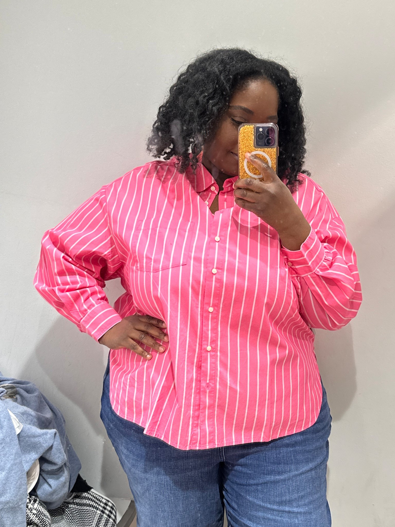 Pink stripe Button front shirt. Wearing an XXL. Has an oversized fit.

#LTKPlusSize #LTKOver40 #LTKMidsize