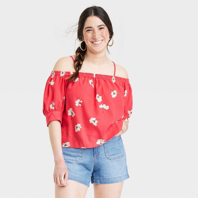 Women's Puff Sleeve Linen Blouse - Universal Thread Red Floral | Target