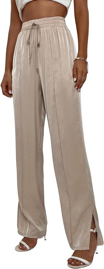 SweatyRocks Women's High Drawstring Waist Straight Leg Pants Slit Hem Solid Trousers Khaki S | Amazon (US)