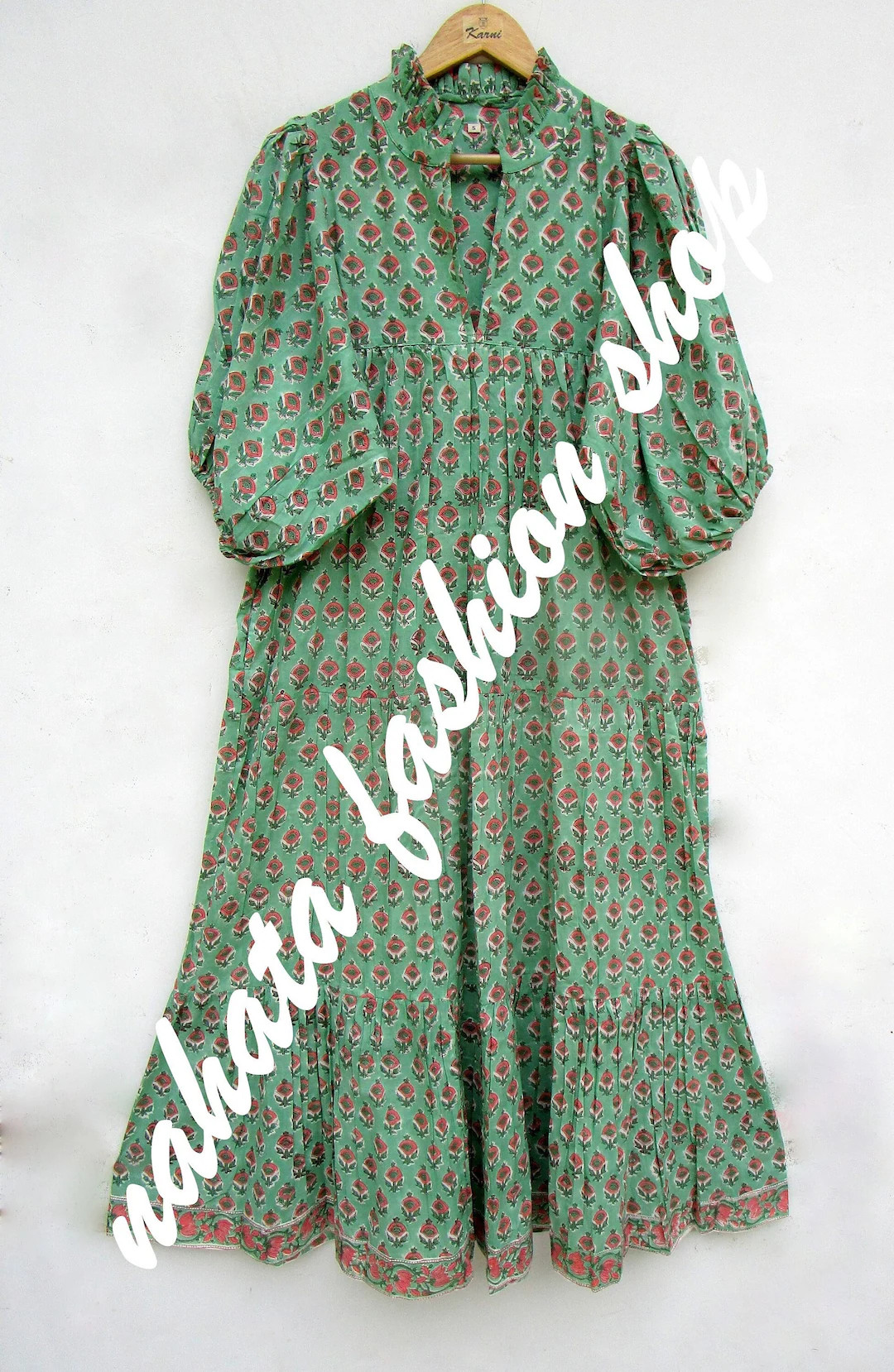 Green Pink Floral Printed Cotton Long Maxi Dress - V Neckline Maxi Dress - 3/4th Sleeve With Butt... | Etsy (US)