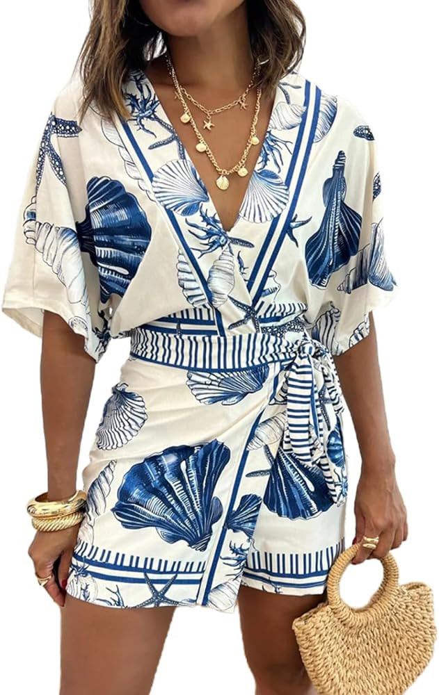 REASERAL Women's Seashell Print Wrap Front Romper V Neck Short Sleeve Belted Summer Beach Vacatio... | Amazon (US)