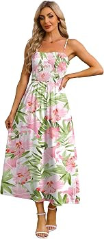 OFEEFAN Womens Spaghetti Strap Maxi Dresses Smocked with Pockets 2026 Summer Spring Casual Boho B... | Amazon (US)