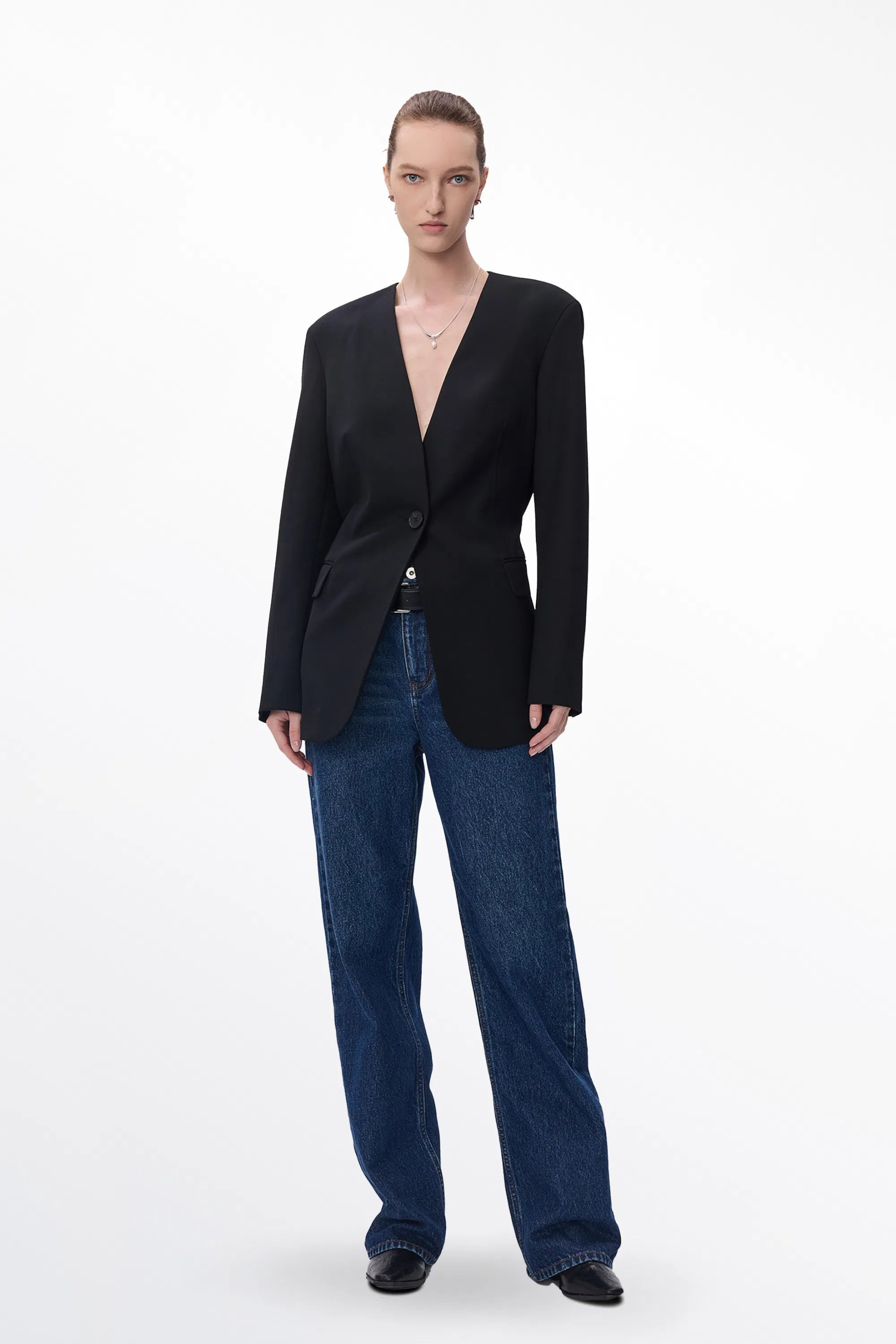 Marble Cinched Waist Collarless Blazer in Wool Suiting | Fabrique