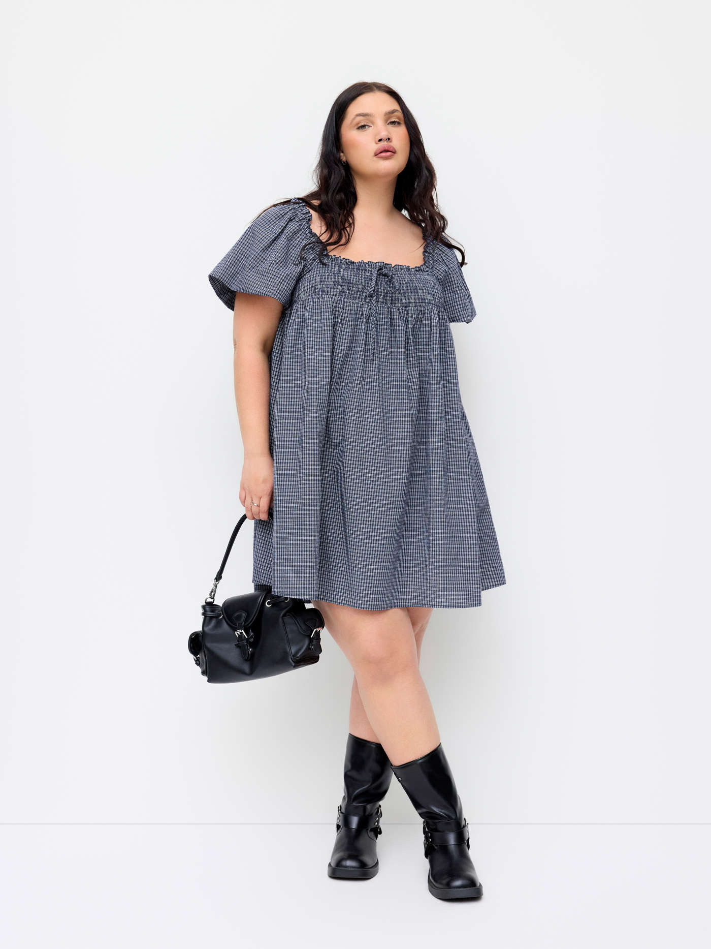 Woven 100% Cotton Square Neck Plaid Puff Sleeve Smock Mini Dress Curve & Plus For Daily Casual | Cider