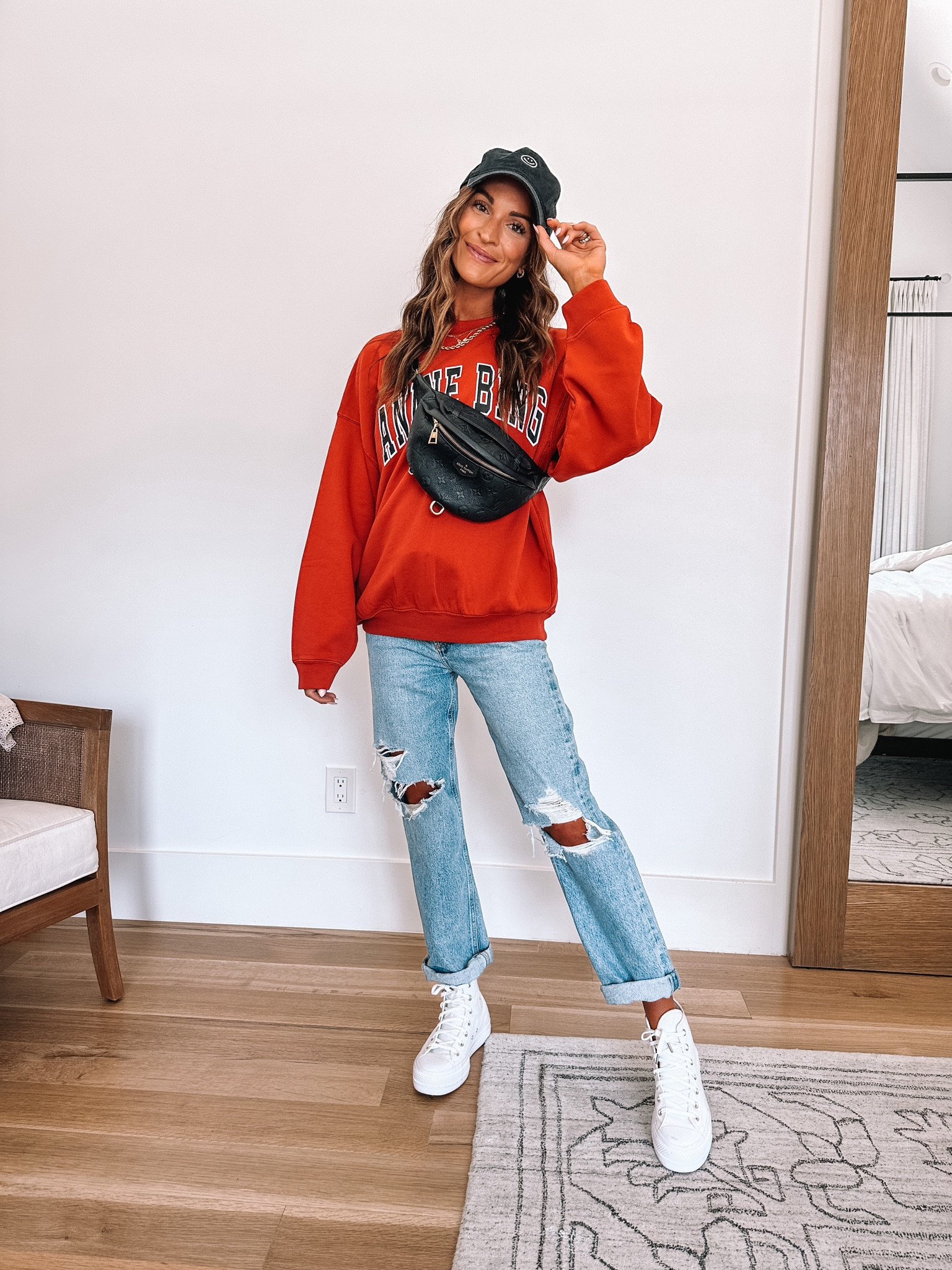 Red store sweatshirt outfit