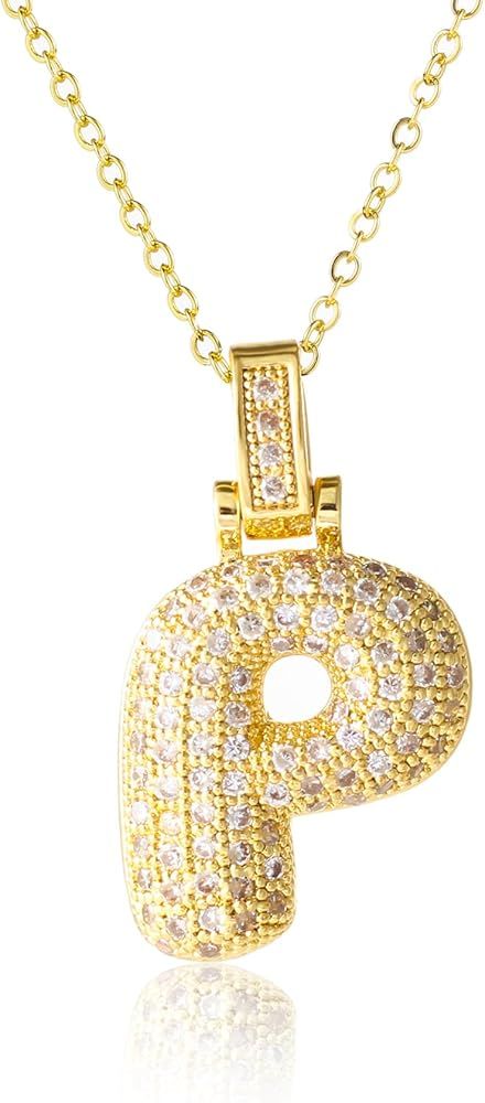 KELMALL Women's Iced Out Bubble Initial Letter Alphabet Pendant, Diamond Zirconia Chunky Name Nec... | Amazon (US)