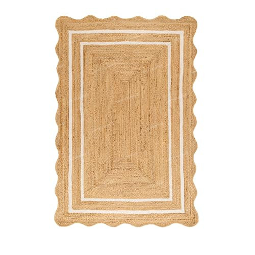 Natural Jute Wave Scalloped Area Rug 5x5 Ft - White Square Stripe Rugs for Home & Kitchen, Handmade Carpet, Natural Jute Hallway Large Rectangular Area Rug | Amazon (US)