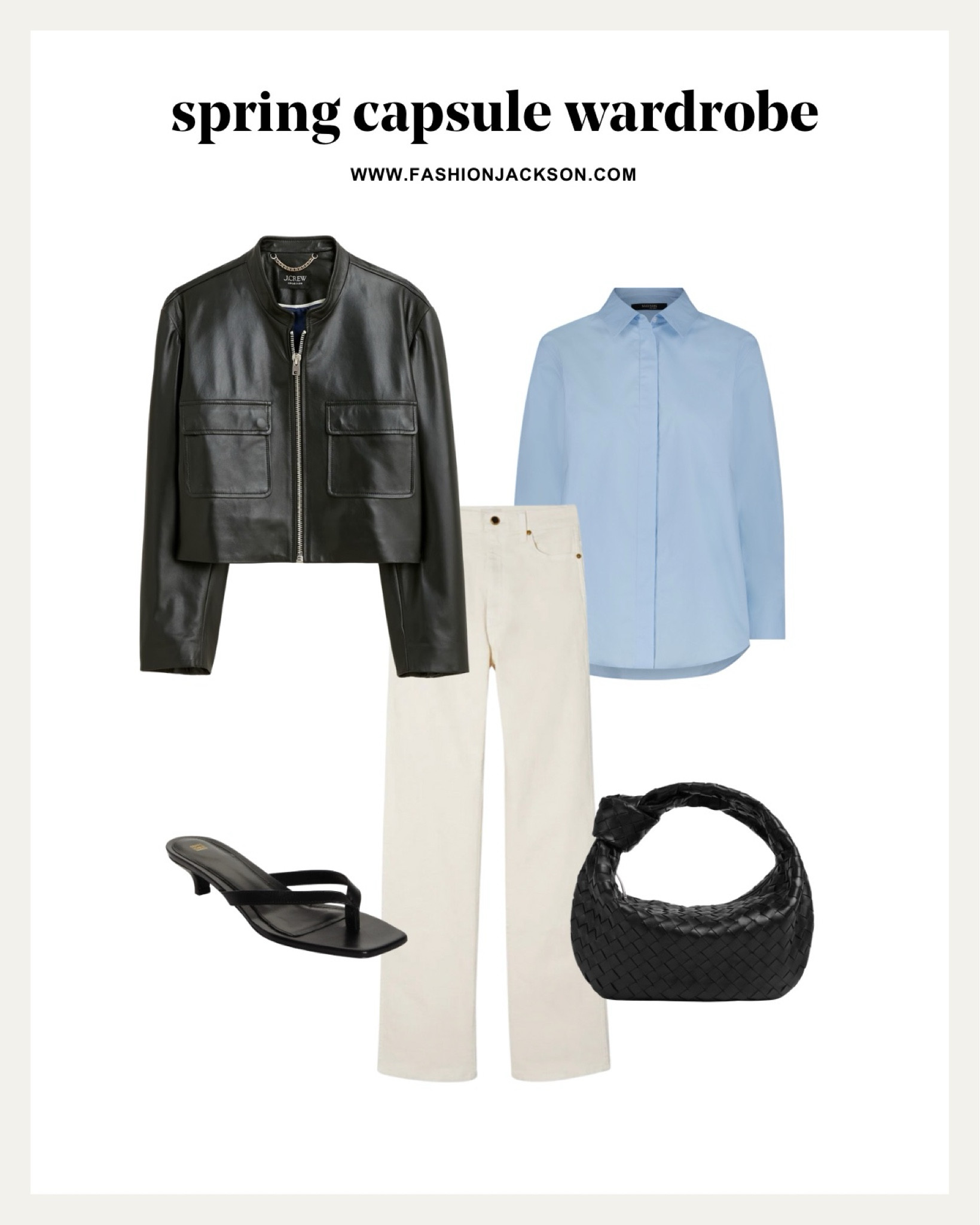 2024 Spring Capsule Wardrobe #springfashion #capsulewardrobe #springoutfit #springcapsule #blackleatherjacket #ecrudenim #blueshirt #buttonup #toteme #bottega #datenight #weekendoutfit #fashionjackson

#LTKSeasonal #LTKstyletip #LTKshoecrush