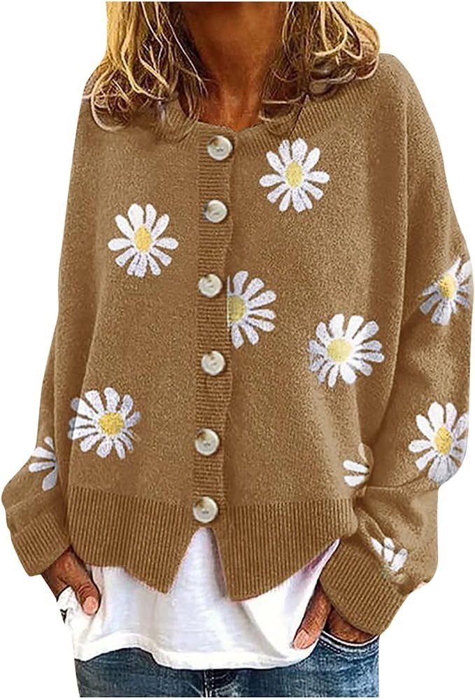 Women Warm Sweater Top Coats Cardigans Daisy Printing Long Sleeve Sweatshirt V-Neck Cropped Corde... | Amazon (US)