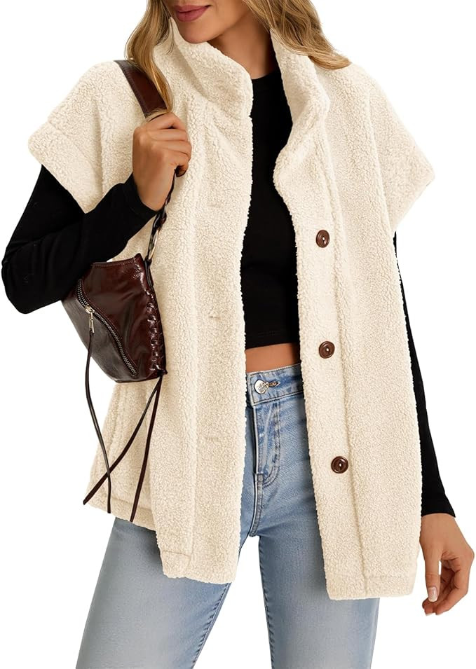 Tanakneo Womens Oversized Fleece Vest Sleeveless Fuzzy Sherpa Jacket Trendy Casual Button Down Wa... | Amazon (US)