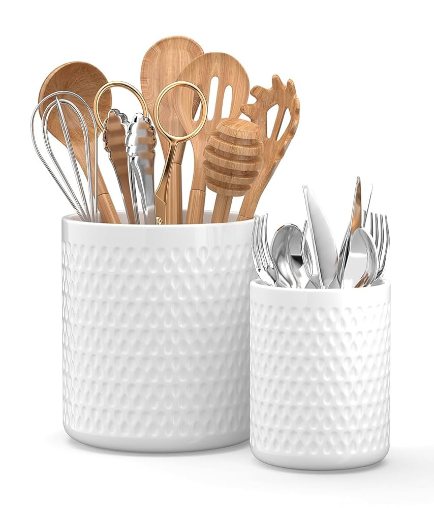 2 Pack Ceramic Utensil Caddy, Large Spatula Holder, Farmhouse Kitchen Decor for Silverware Spoon ... | Amazon (US)