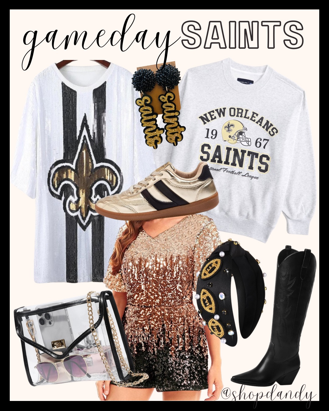 New Orleans Saints gameday outfit! The gold and black is so easy to style. Add some sequin flair for the New Orleans vibes. All from Amazon and Etsy!

Shop dandy, saints, saints gameday, New Orleans outfit, black and gold outfit

#LTKFindsUnder100 #LTKStyleTip #LTKFindsUnder50